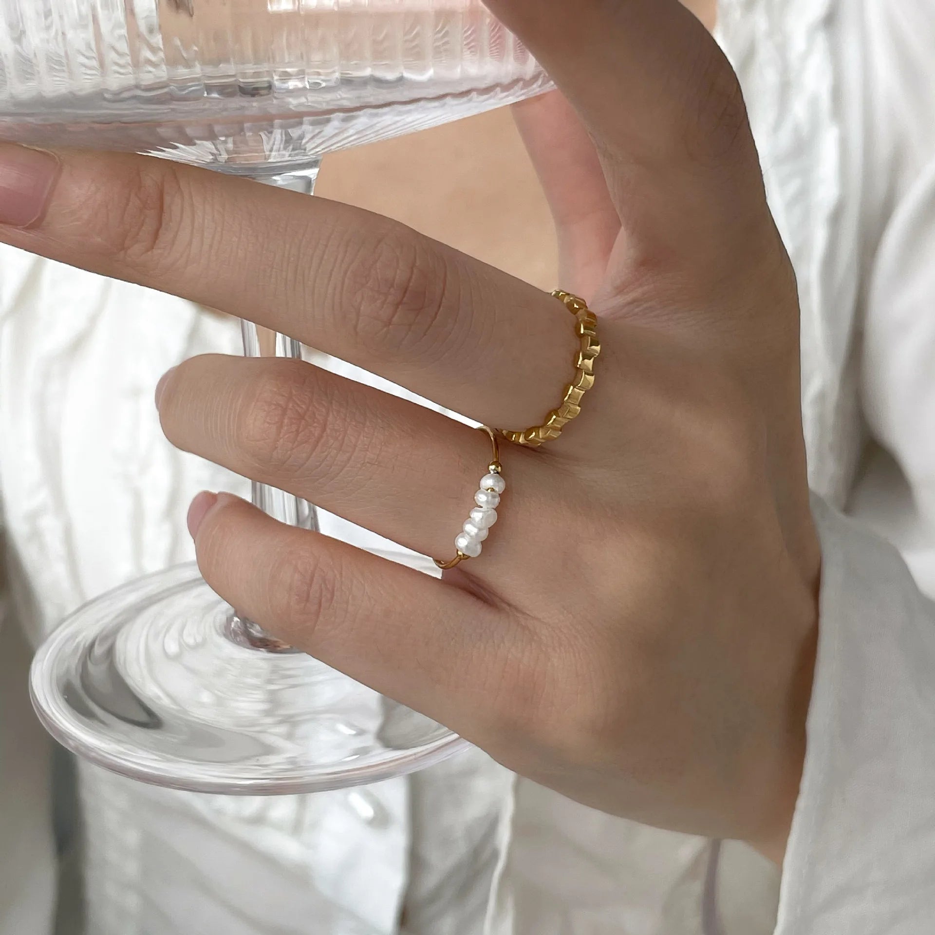 MICCI Minimalist Stainless Steel 18k Gold Plated Ring Pearl Round Bead Ring  Irregular Ring for Women