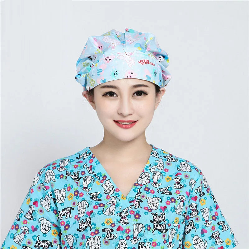Hospital Uniform Hat Doctor Work Hats Heart Print Bouffant Nurse Hat With Buttons