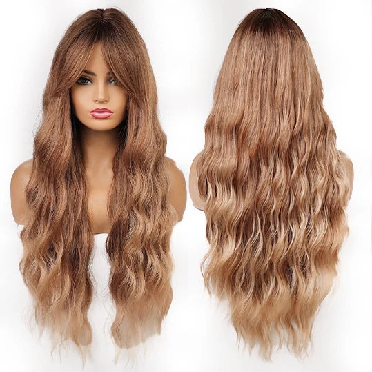 Immediate Shipment Long Regular Wave Wig Golden Brown Jumbo Woman Wig Loose Synthetic Wig