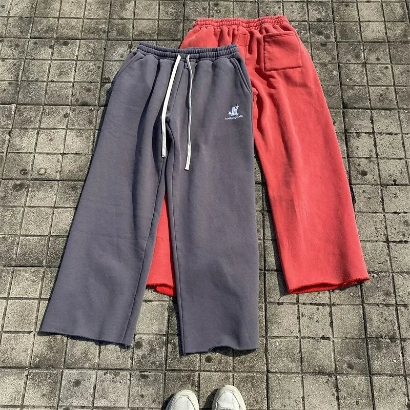 Vintage Distressed Men's Casual Mid Cotton Sweatpants Baggy XL Straight Leg with Cuffs Embroidery