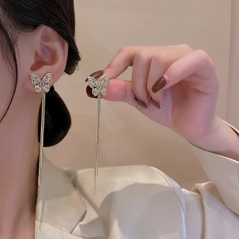 Good Quality S925 Silver Needle Long Tassel Earrings Female Ins Trendy Exquisite Hiphop 18K Gold Zircon Butterfly Earrings