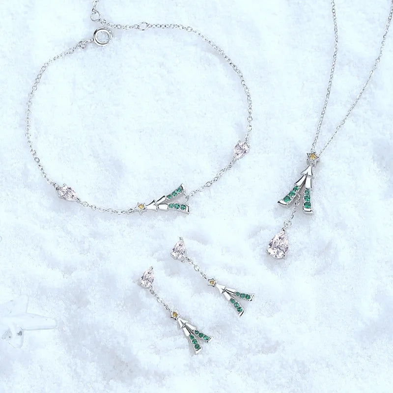 Geometric Christmas Tree Jewelry Ladies Diamond Water Drop Pendant Necklace Earrings Bracelet Minimalist Silver Jewellery