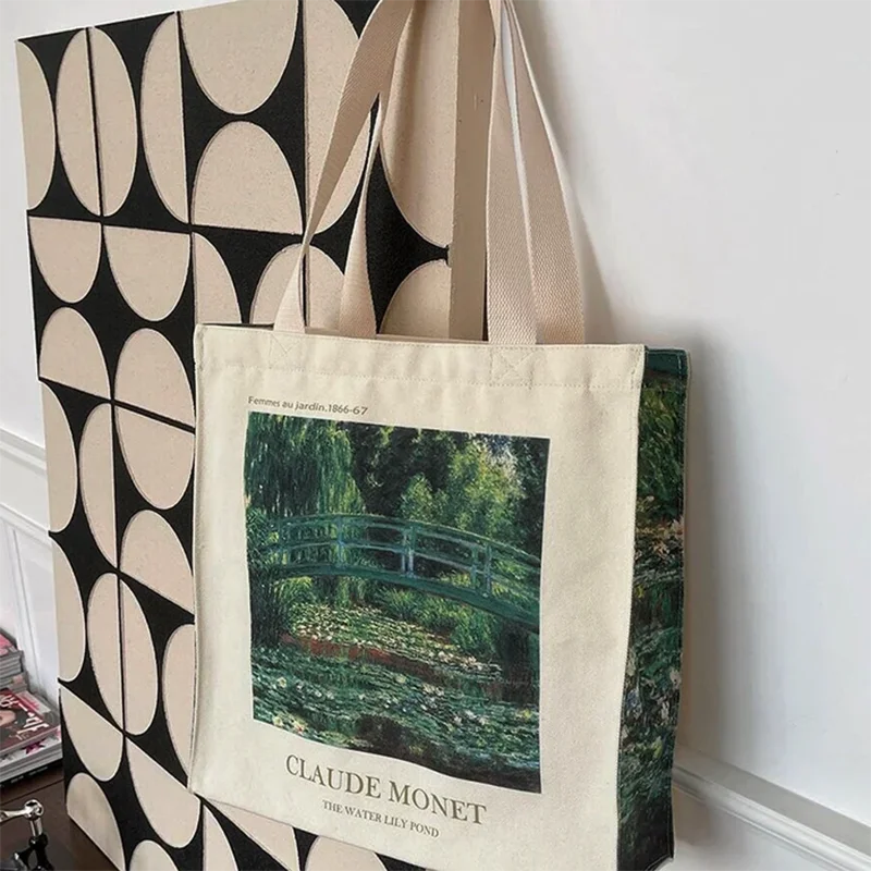 Fully Functional Stylish Claude Monet's "Water Lily Pond 1899" Inspired Canvas Art Tote Bag Excellent for Students Professionals