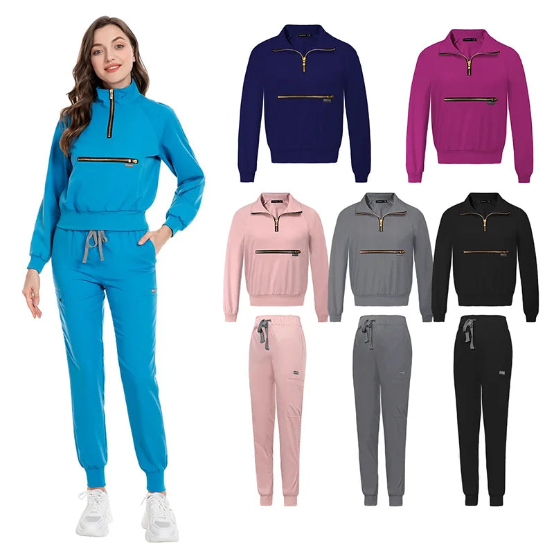 Long Sleeve Custom logo Zipper Nurse Uniform for Women Nurse Doctor Hospital Uniform Scrub Suits Tops Jogger Pants Scrubs Sets