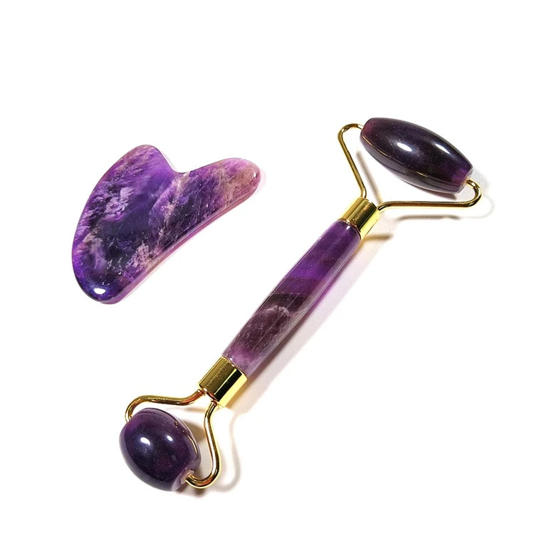 2023 Hot Selling OEM Private Label Wholesale Metal Welded Natural Amethyst Pink Jade Roller for Face