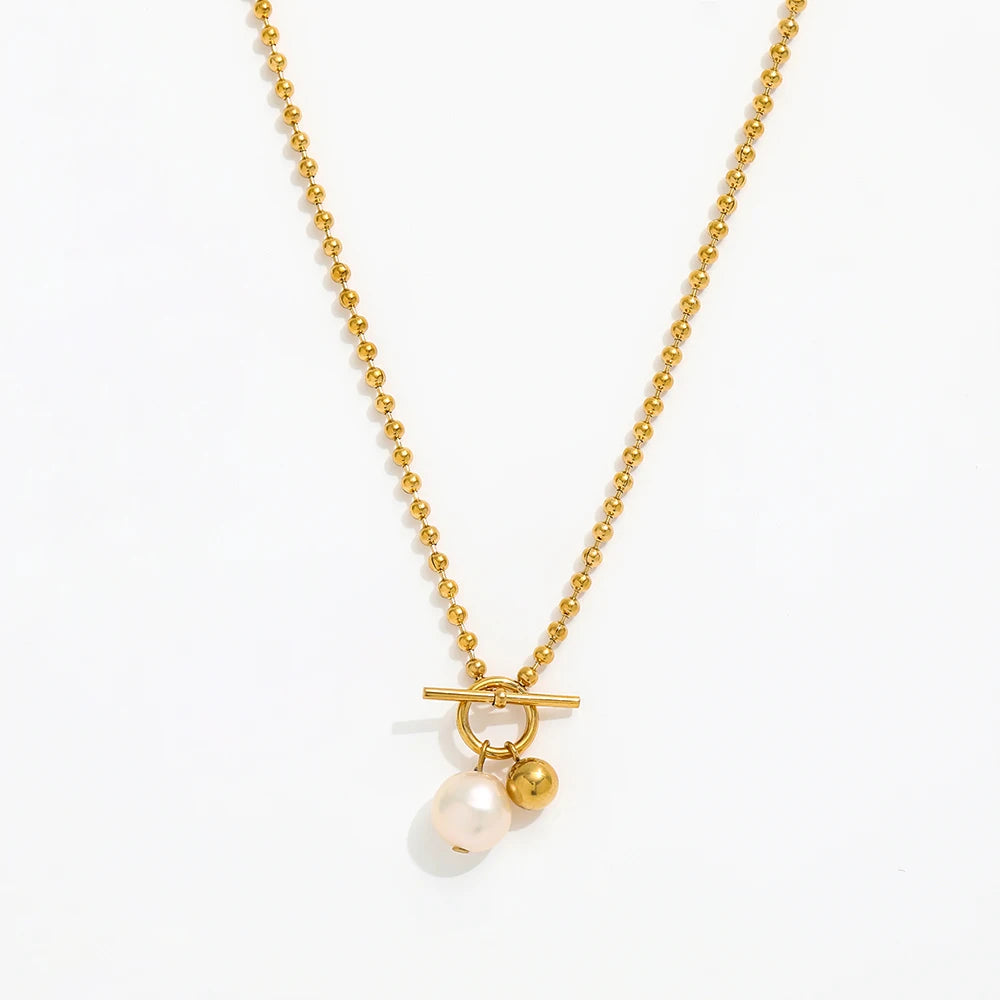 Fenny Wholesale 18K PVD Plated No Fade Natural Fresh Water Pearl Pendant Toggle Beaded Chain Stainless Steel Necklace for Women