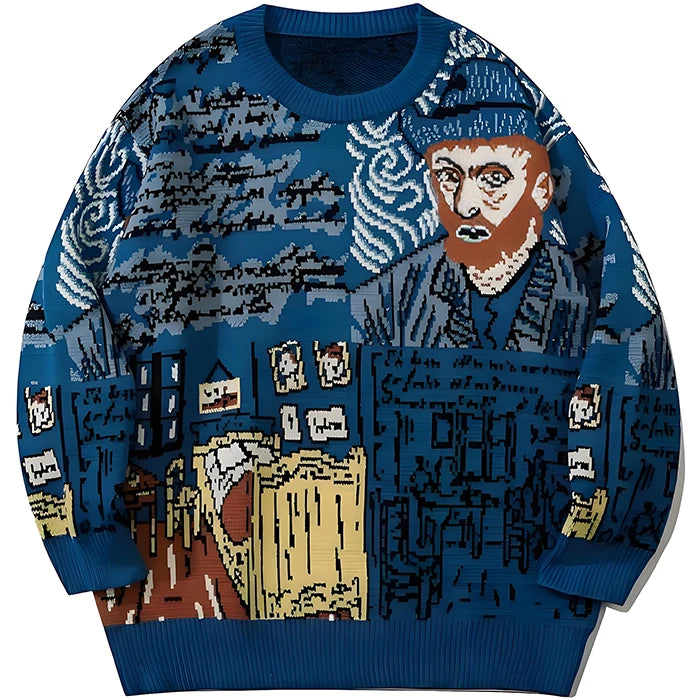 Men's Comfortable Casual Crewneck Sweater Classic Style Knit Fall Winter Oversized Pullover Long Sleeves Graphic Print