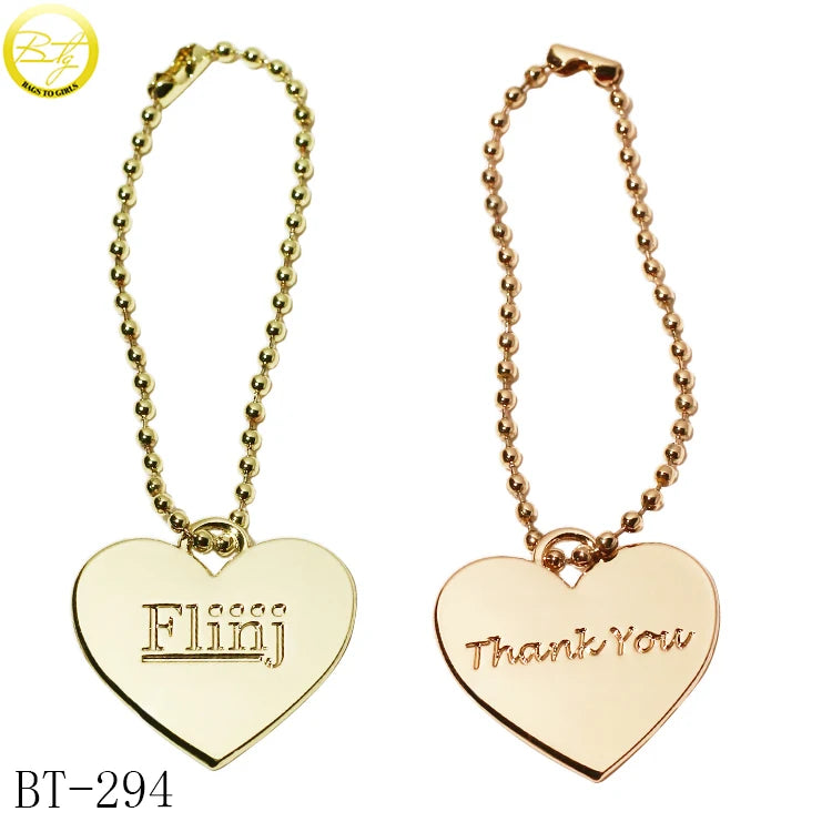 Custom Metal Heart Logo Plate Bag Accessory Gold Color Wallet Metal Hang Tags Fashion Backpack Brand Name Label With Ball Chain