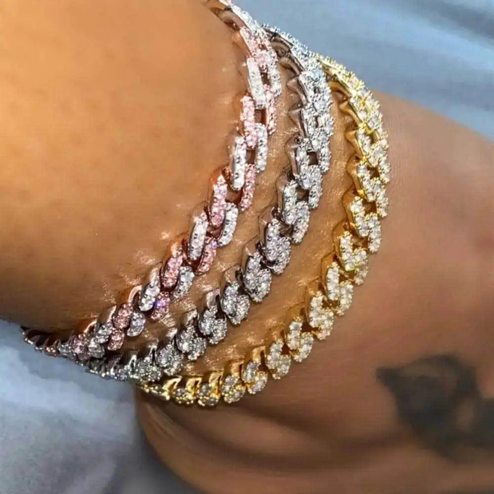 Luxury Silver 18k Gold Hip Hop Bracelet Anklets Crystal Cuban Link Chain Ankle Foot Jewelry for Women Rhinestone Cuba Anklet