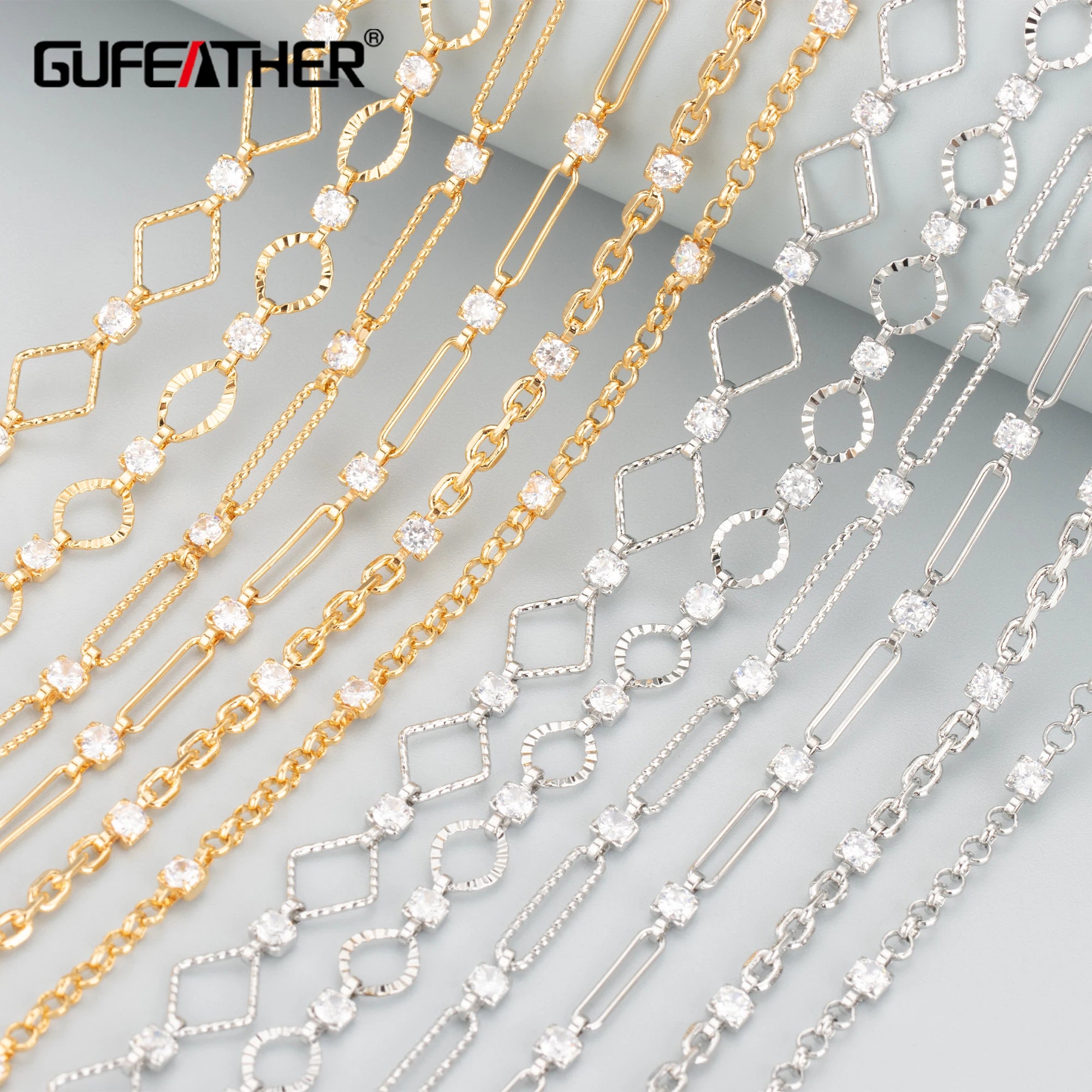 C297 DIY Chain 1m/Lot 18k Gold Rhodium Plated Copper Zircon Handmade Jewelry Making Accessories for Bracelets Necklaces