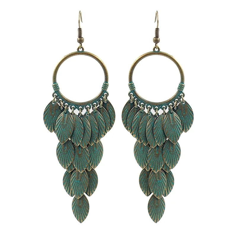 European American Vintage Bronze Earrings for Women Unique Boho Leaf Tassel Hoop New Ancient Statement Design Wedding Engagement