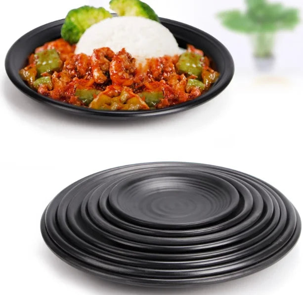 Japanese Black Melamine Round Plate Dinner Charger Plates Sushi Serving Tray Plastic Picnic Salad Dishes Plate for Restaurant