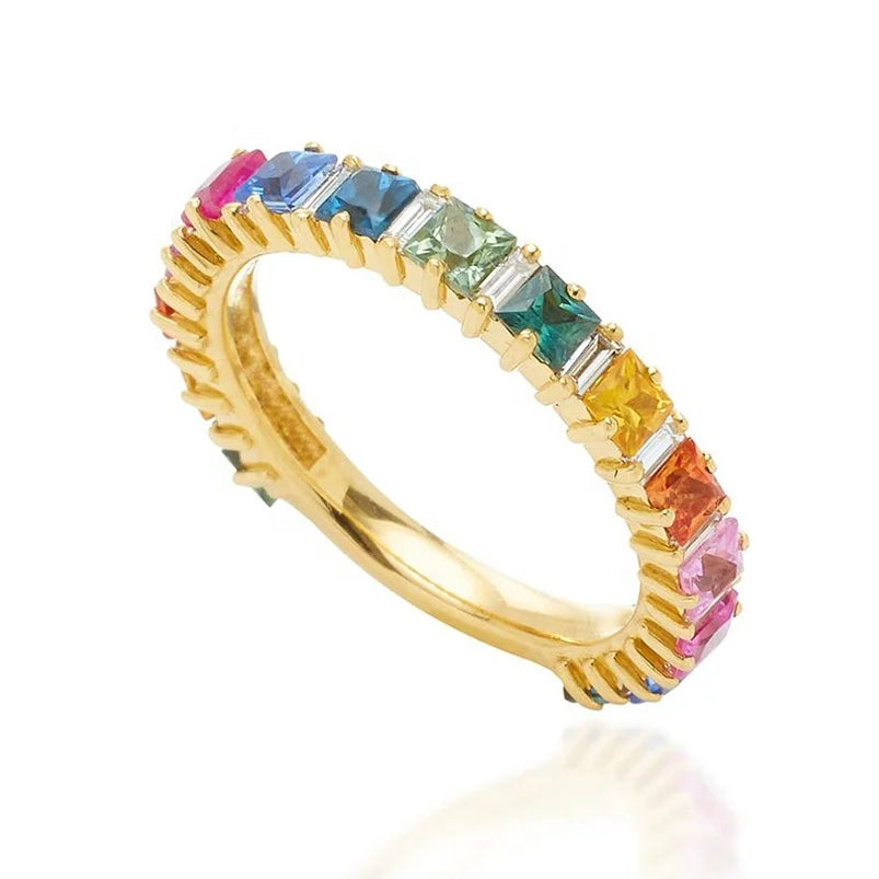 925 Sterling Silver 18k Gold Vermeil Jewelry Eternity Zircon rainbow baguette Wedding Ring