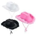 2023 New Pink Cowgirl Hats Women Girl Rolled Western Style Party Hat Feather Edge Pink Cowboy Cap Western Style Cowgirl Hats