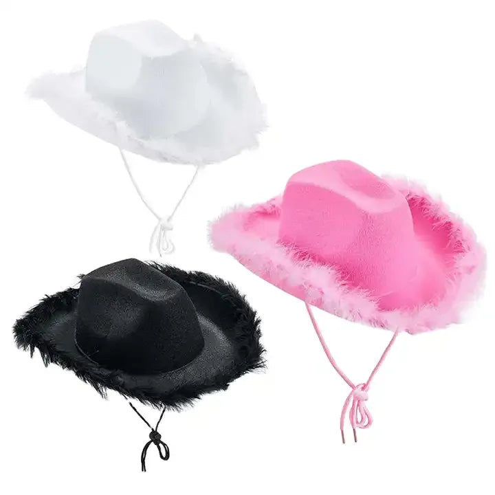 2023 New Pink Cowgirl Hats Women Girl Rolled Western Style Party Hat Feather Edge Pink Cowboy Cap Western Style Cowgirl Hats