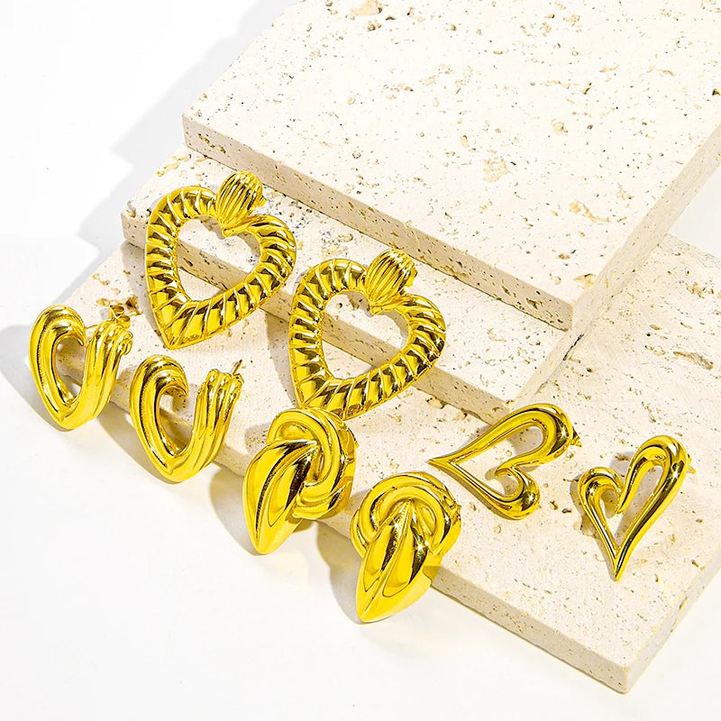 JUSNOVA 18K Gold-Plated Steel Earrings New Fashion Bow Love Geometric Shape Zircon Sweet Girly Style Stainless Steel Jewelry