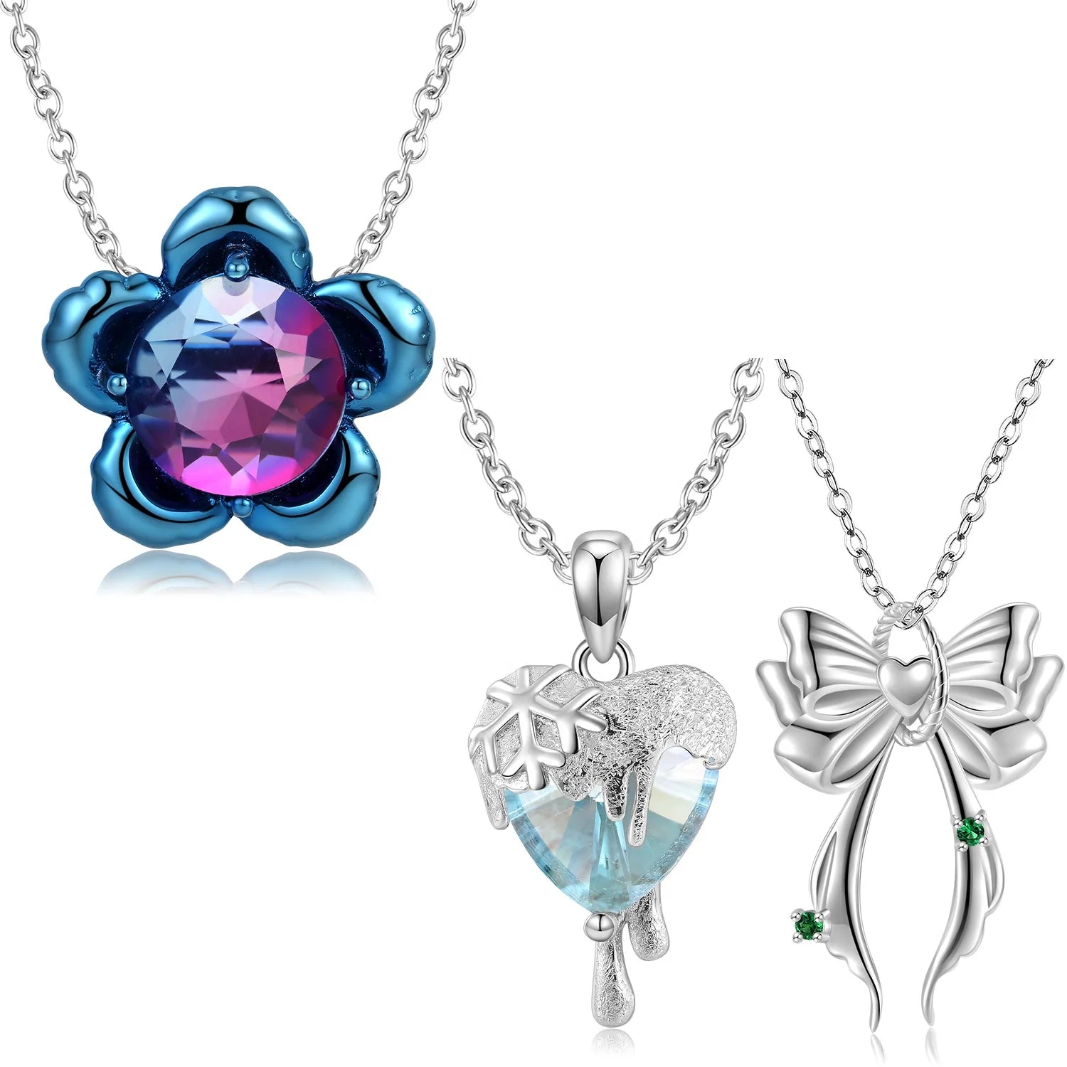 Flower and Heart Shape Crystal Necklace Pendant 925 Sterling Silver Bow Pendant for Necklace Jewelry Women Girl Gift Accessory