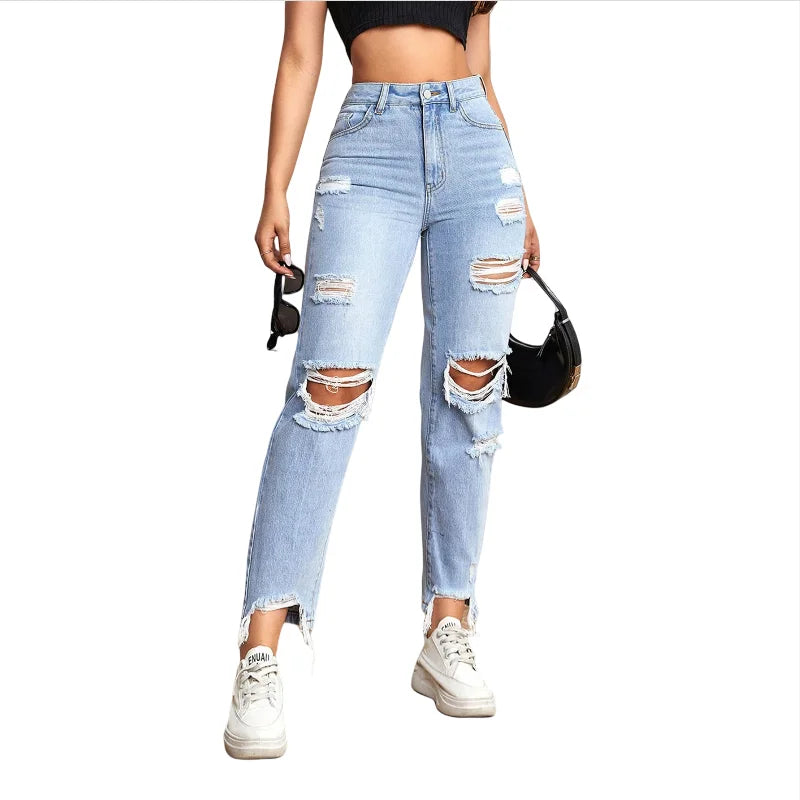 Women's Casual High-Waisted Denim Jeans Regular Fit Breathable Pencil Pants  Element Woven Method Pour Femmes Pour Femmes