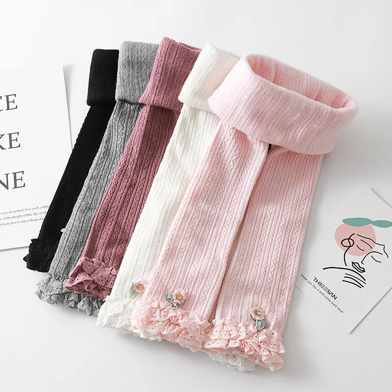 Winter Beautiful Flower Accessory Princess Pants Soft Cotton Cute Ruffle Kids Girls Clothes Leggings Wholesale Hot Sale Korean