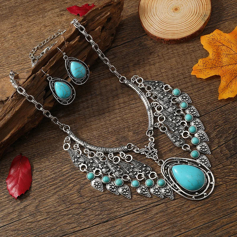Bohemian Antique Ethnic Charms Pendant Necklace Rhinestone Charms Earrings Jewelry Set Personalized Color Blocking Necklace Set