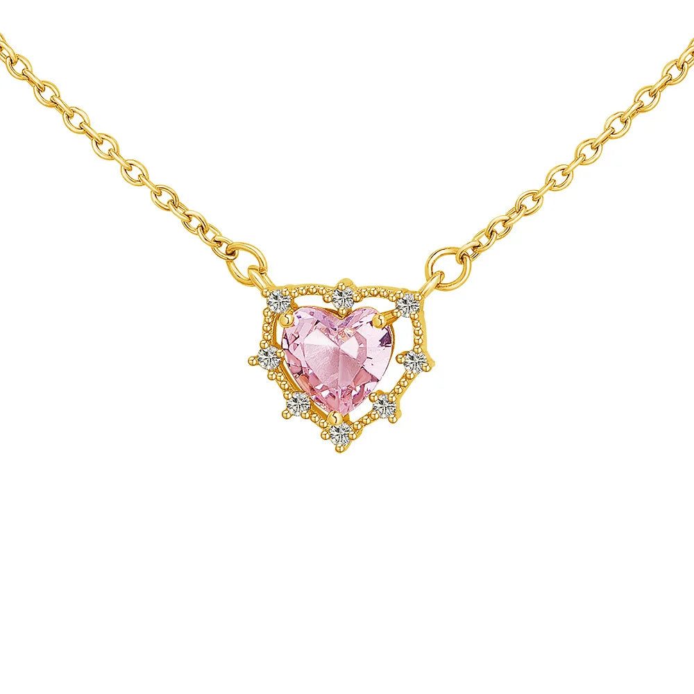 Simple Trendy Brass Clavicle Pendant Necklace for Women Gold Plated Heart-Shaped Diamond Crystal Link Chain Jewelry