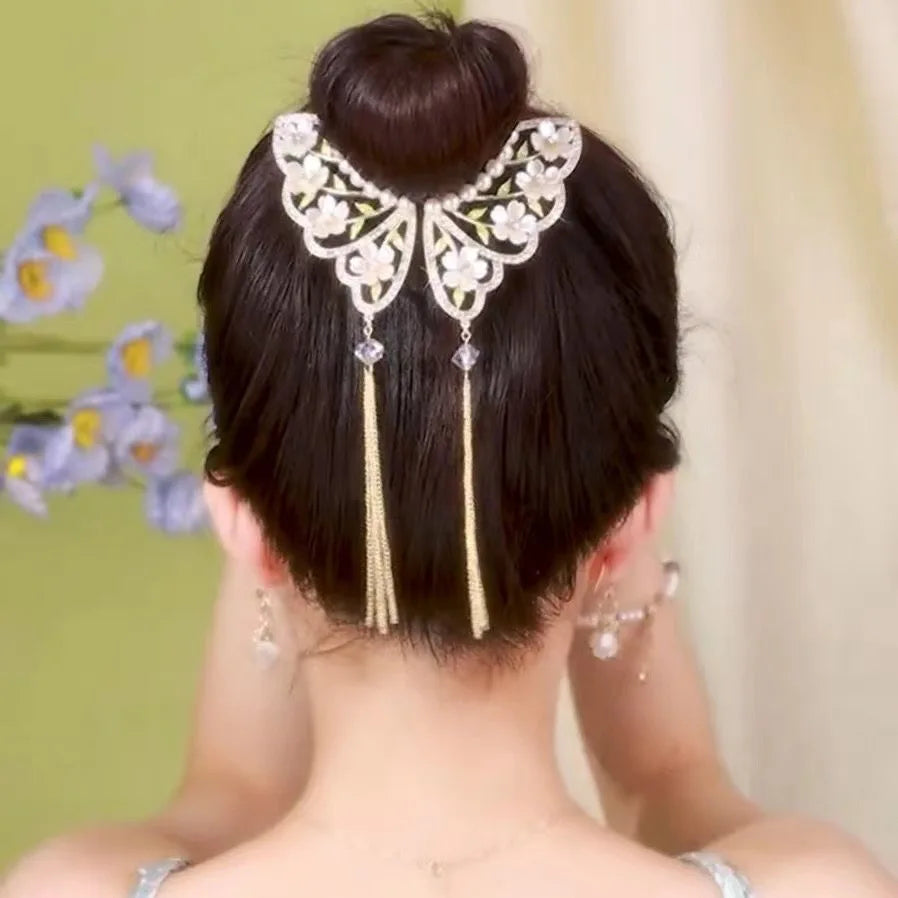 Rhinestone Pear Bow Tassel Ponytail Barrette for Women Crown Hairpin on the Back of the Head Crystal Rhinestone Hair Claw