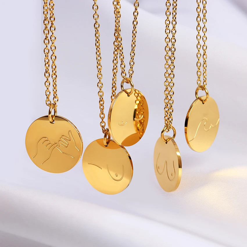 High Polished Custom Necklace Engraved Pattern Stainless Steel 18k Gold Plated Blank Round Pendant Disc Necklace Sets for Women