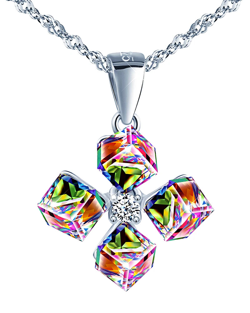 925 Sterling Silver Colorful Crystal Flower Cross Shimmering Pendant Necklace Schmuck