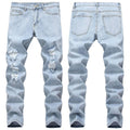 AeeDenim Custom Ripped Knee Frayed Small Straight Slim Jeans European American Style Men's Stretch Trousers Pants