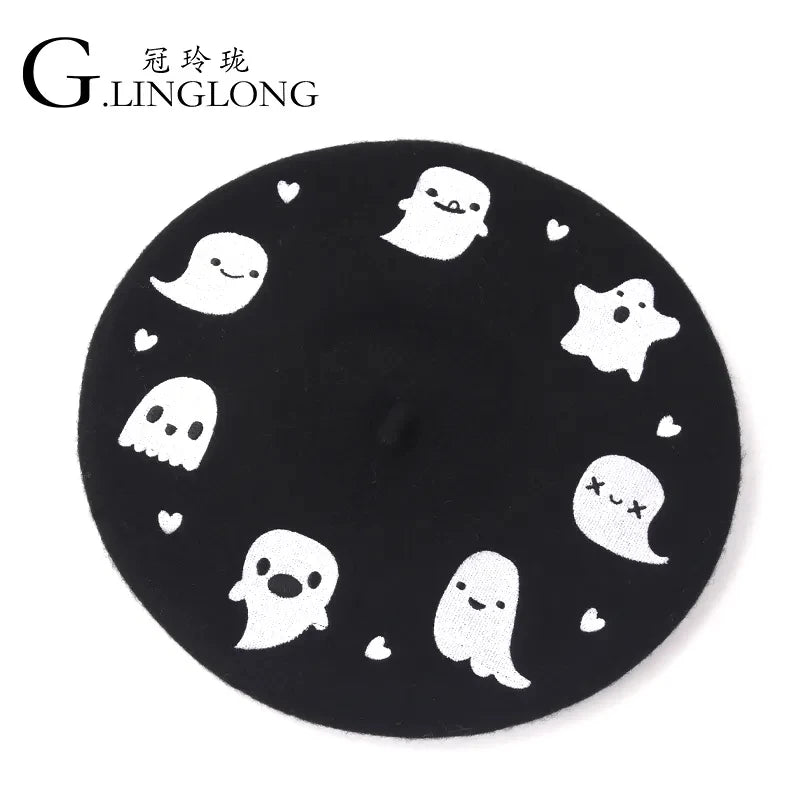 Custom Wool Beret Plush Beanie Hat Hallow's Embroidered Winter Boina Hat Knitted Pattern for Women Children Casual Party