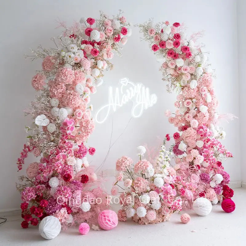 2024 New Design Hot Pink Flower Arrangement Horn Arch Background Flower for Wedding Decor Party Events Decoration