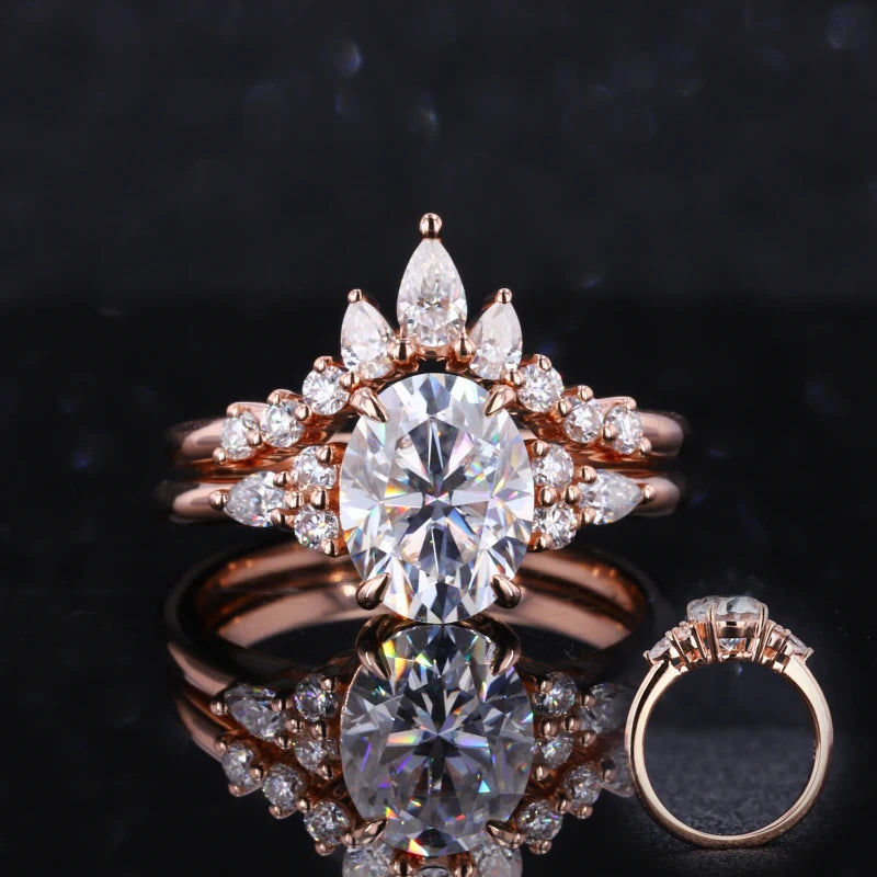 Starsgem 9K Rose Jewelry 1carat Soild Gold Pave Oval Cut Moissanite Wedding Ring Set