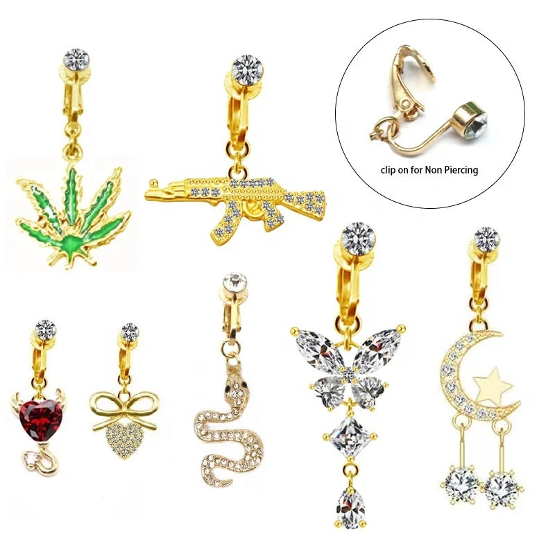 Gaby Hot Sale Clip on Belly Rings butterfly Snake Fake Belly Ring for Woman 2022 Non Piercing Nave Rings Wholesale Body Jewelry