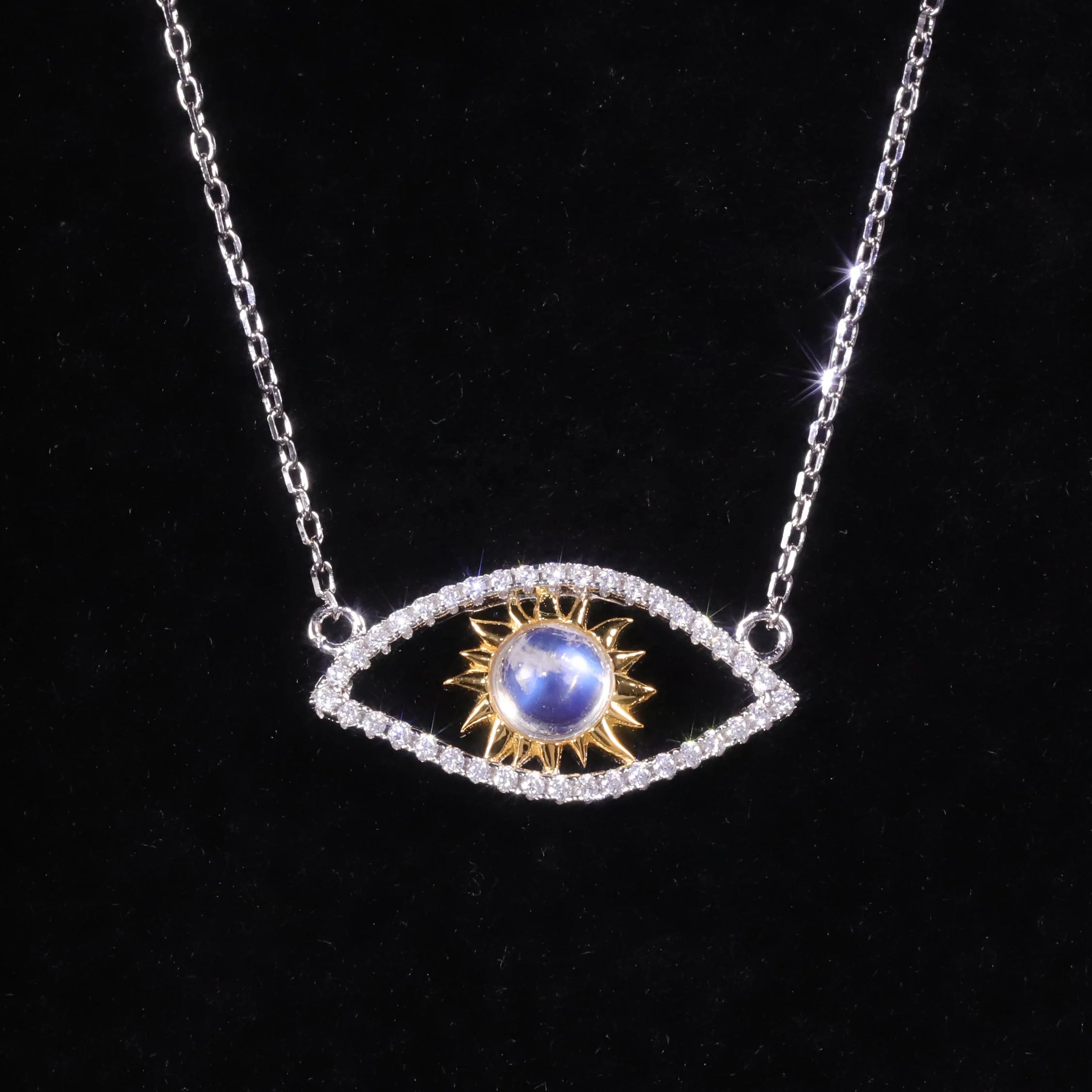 C8181 Abiding Fashion Fine Jewelry White Cubic Zirconia Devil Eye 925 Sterling Silver Necklace with Natural Moonstone