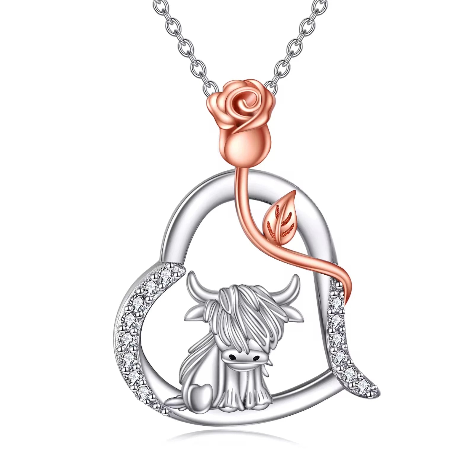 Animal Theme Jewelry 925 Sterling Silver Rose and Zircon Heart Highland Cow Pendant Necklace