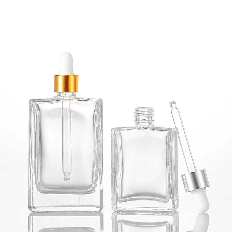 Cosmetic Package Square Clear Glass Pipette Flat Serum Bottles 30ml 50ml 100ml Essential Oil Rectangle Glass Dropper Bottle
