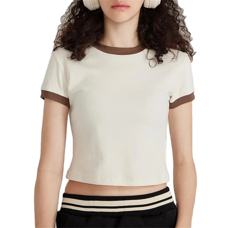 Custom Graphic t Shirts Crop Top Organic Cotton Eco-friendly Plain T-shirts in Bulk Womens Ringer T-shirt