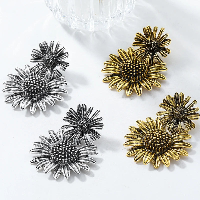 2025 New Arrival Punk Women Big Metal Vintage Retro Large Exaggerated Earrings Sunflower Retro Exaggerated Earrings for Women