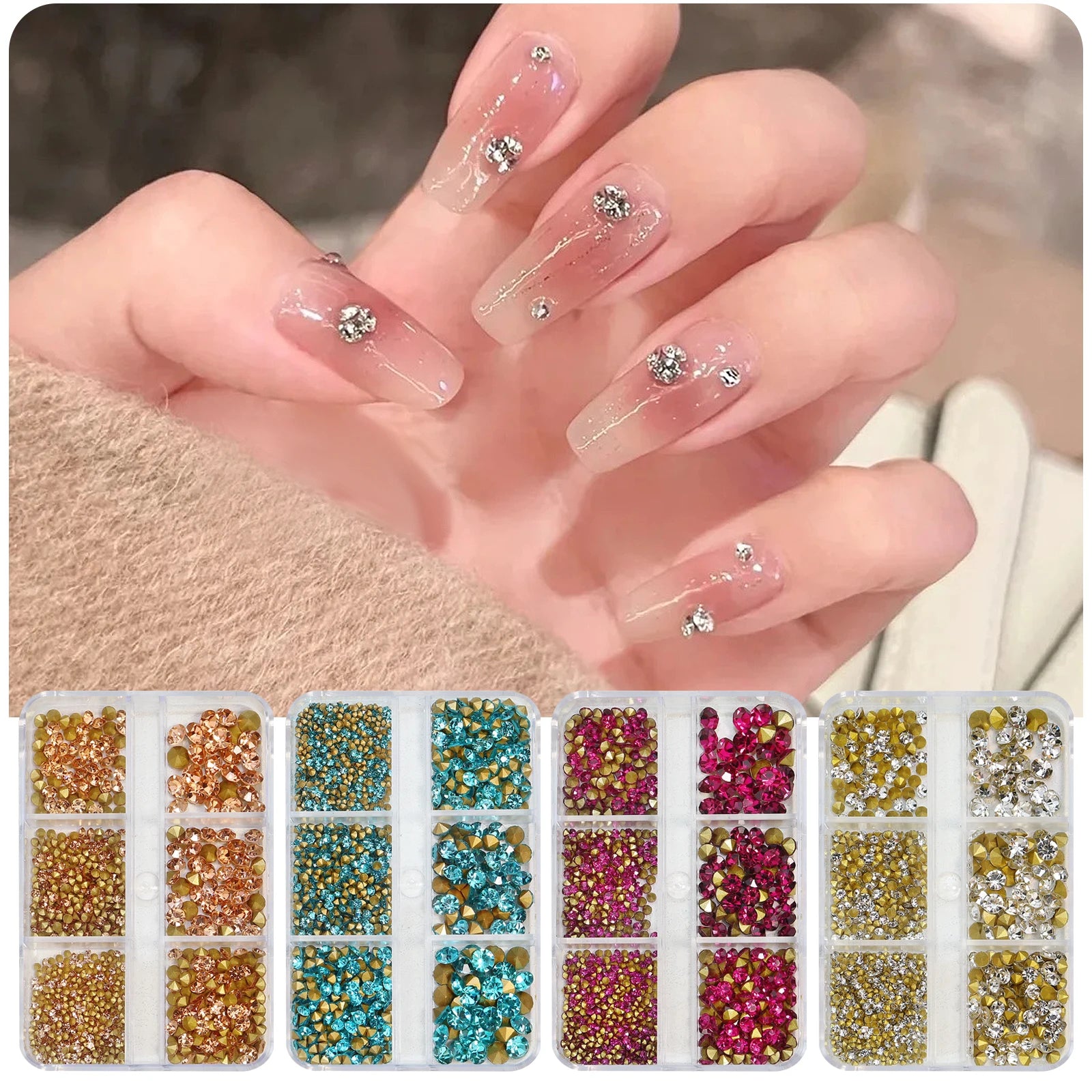 6 Grids Nail Accessories Pointed Bottom Colored Glass Rhinestones pink Blue Nail Art Rhinestone Decoration