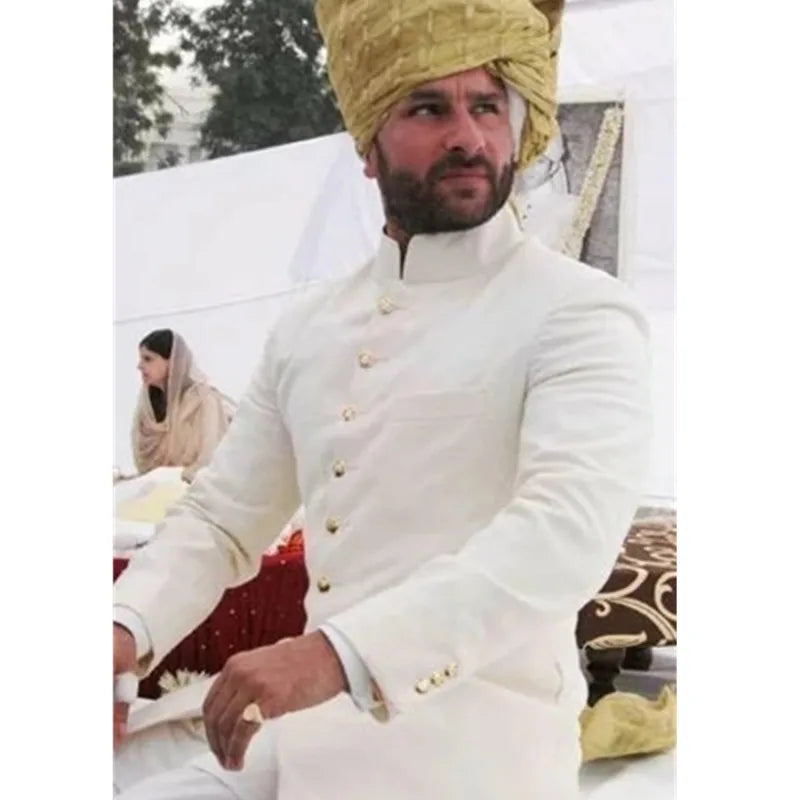 2025 Latest Indian Style Men Suit Classic Stand Collar Design Ivory Long Tuxedo Groom for Custom Made Wedding Men's Suits