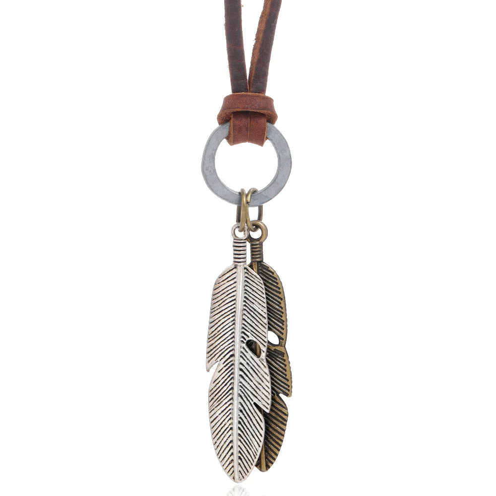 Vintage Leather Cord Jewelry Bronze Antique Gold Silver Feather Pendant Necklace Hip-hop Sweater Necklace with Adjustable Size