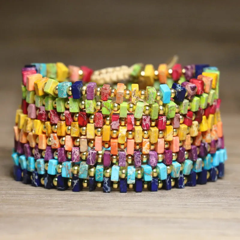 Bohemian Natural Stone Bracelet for Women Jewelry Yoga Meditation Healing Adjustable Braided Square Gemstone Beaded Bracelet