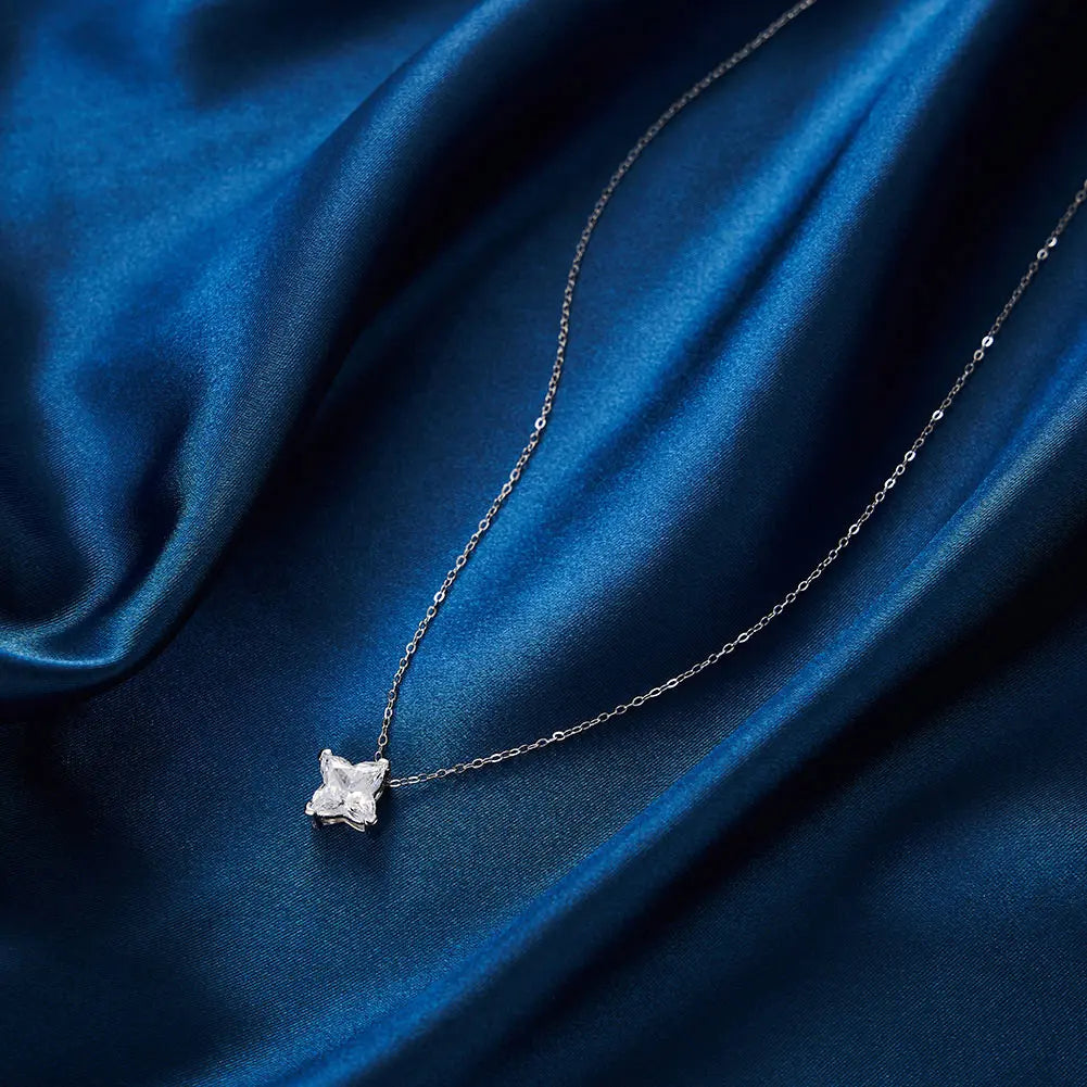 RINNTIN SLZN20 MInimalist 925 Sterling Silver Four Pointed Star Shaped Diamond Zircon Pendant Necklace for Women