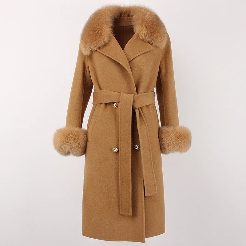 OFTBUY 2023 Women's Double Breasted Woolen Coat Long Body-Contouring Autumn Winter Jacket Waterproof Fur Streetwear Overcoat