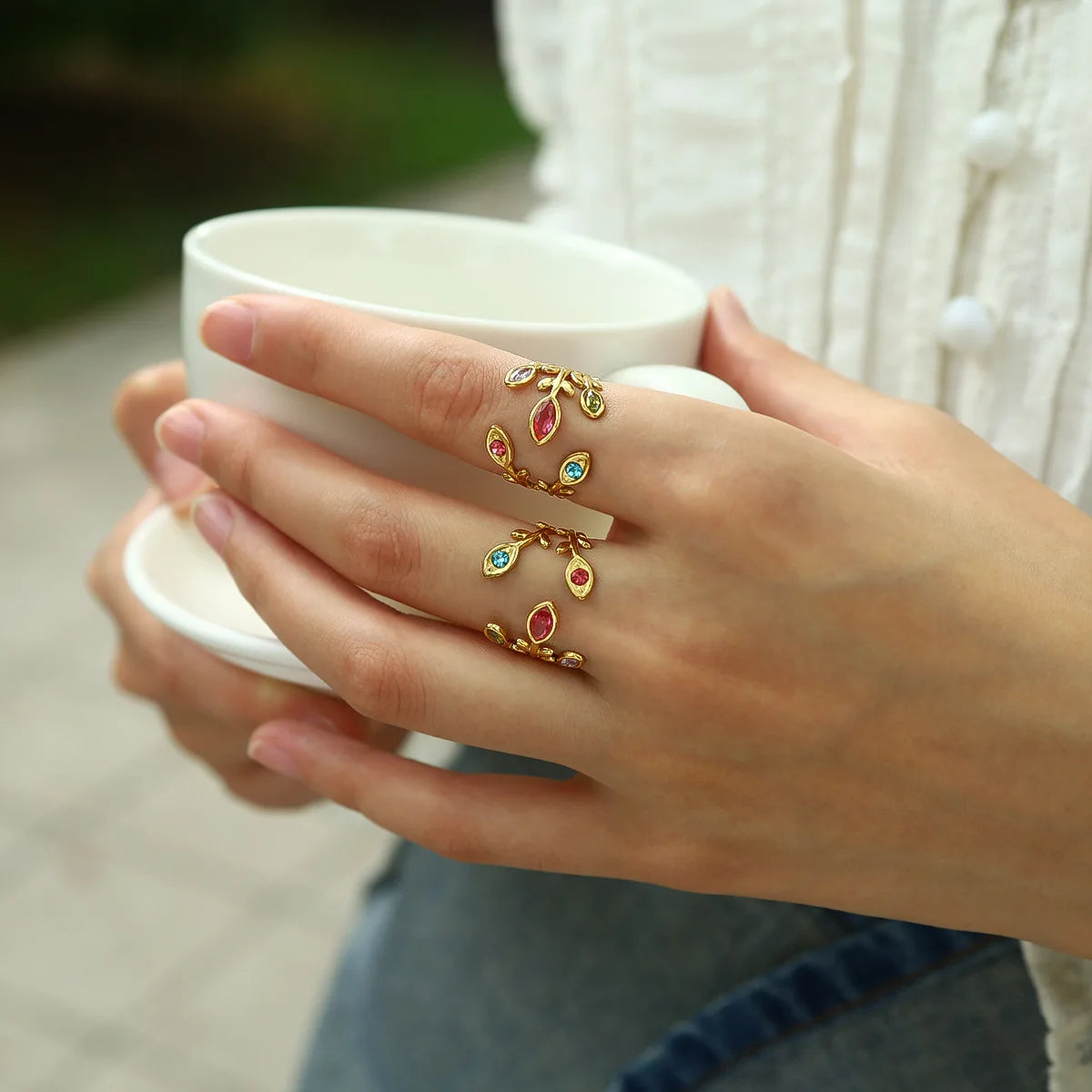 Popular 18K Gold Plated Open Colorful Leaf Stainless Steel Irregular Zircon Rings Jewelry for Women