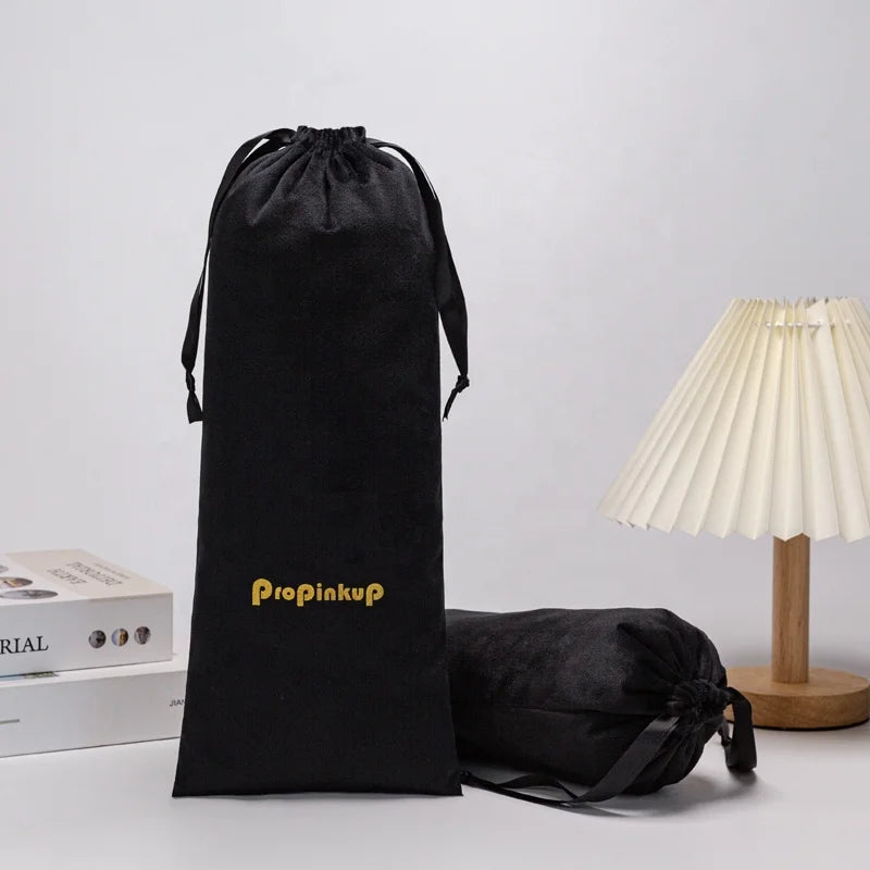 Customized Logo Black Velvet Pouch for Wigs Double Ribbon Drawstring Pouch for Umbrella Soft Pouch for Packaging False Eyelashes