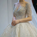 Luxury Women's Wedding Dress with Crystal Beads Sequins Short Sleeves & Lace Decoration Long Tail Bridal Gown in White