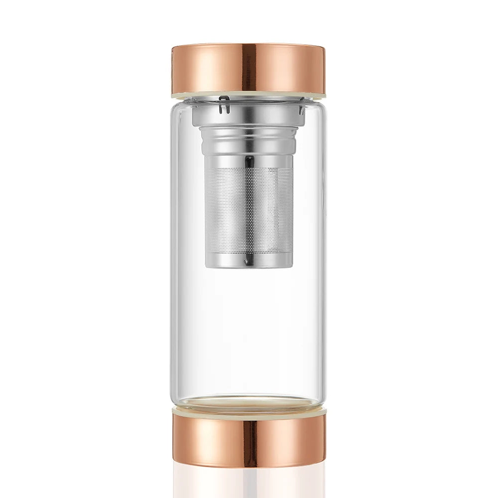 2022 New Design Two Side Rose Gold Lid Glass Bottle Luxury Borosilicate Capsule Glass Bottle With Tea Infuser