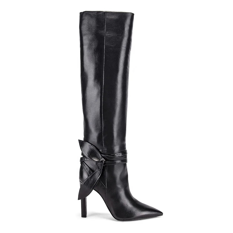 Bow Tie Wrap Supple Lambskin Leather Knee High Boots for Women