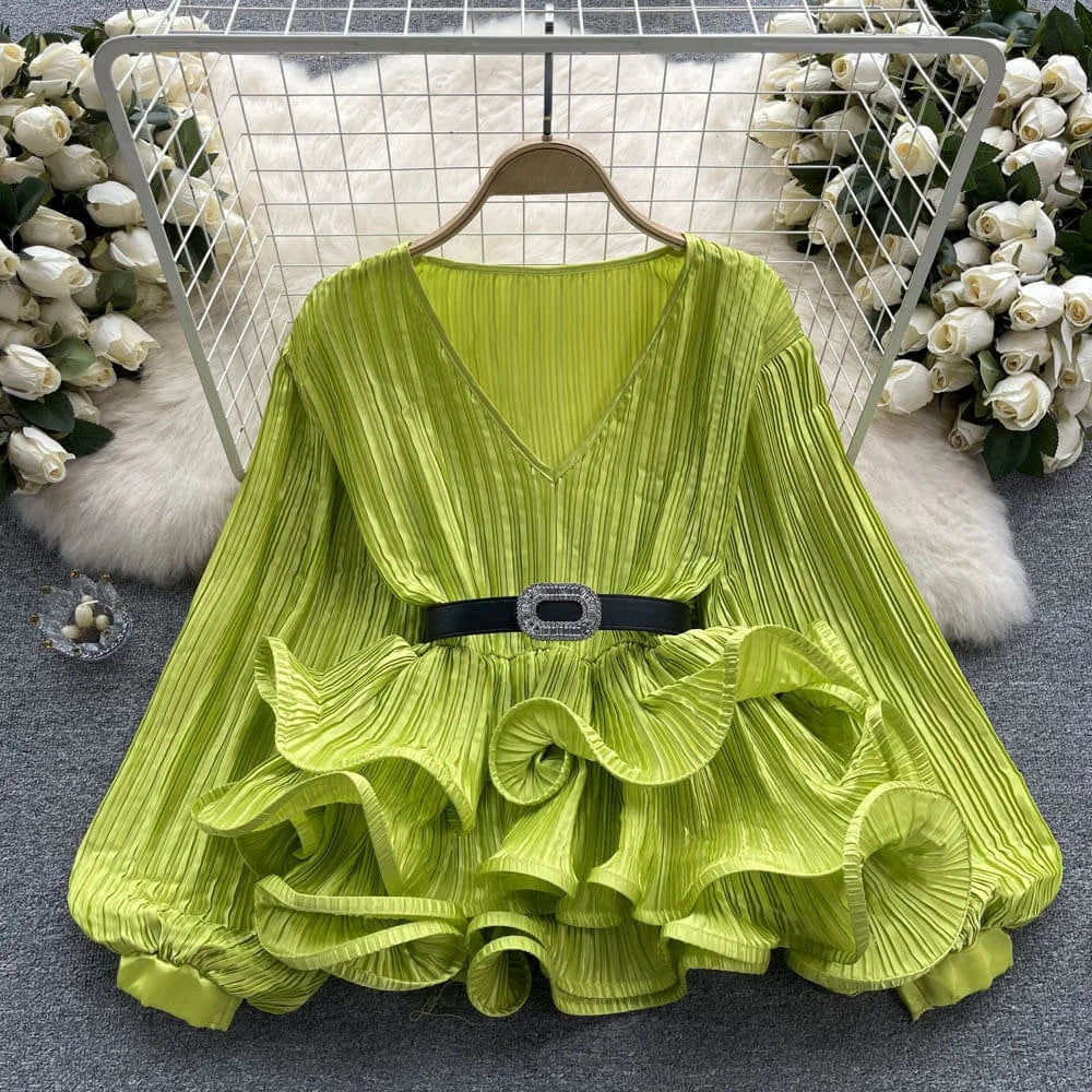 Satin Pleated Long Sleeve Fashion Loose Top Women Ruffle Lantern Sleeve V-Neck Blouse Shirt